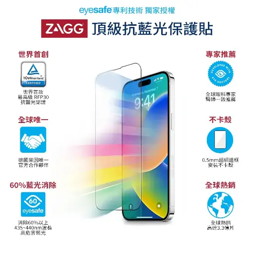 [100112445] ZAGG 抗藍光保護貼 iPhone 15專用 全球唯一德國萊因雙認證最高等級RFP30